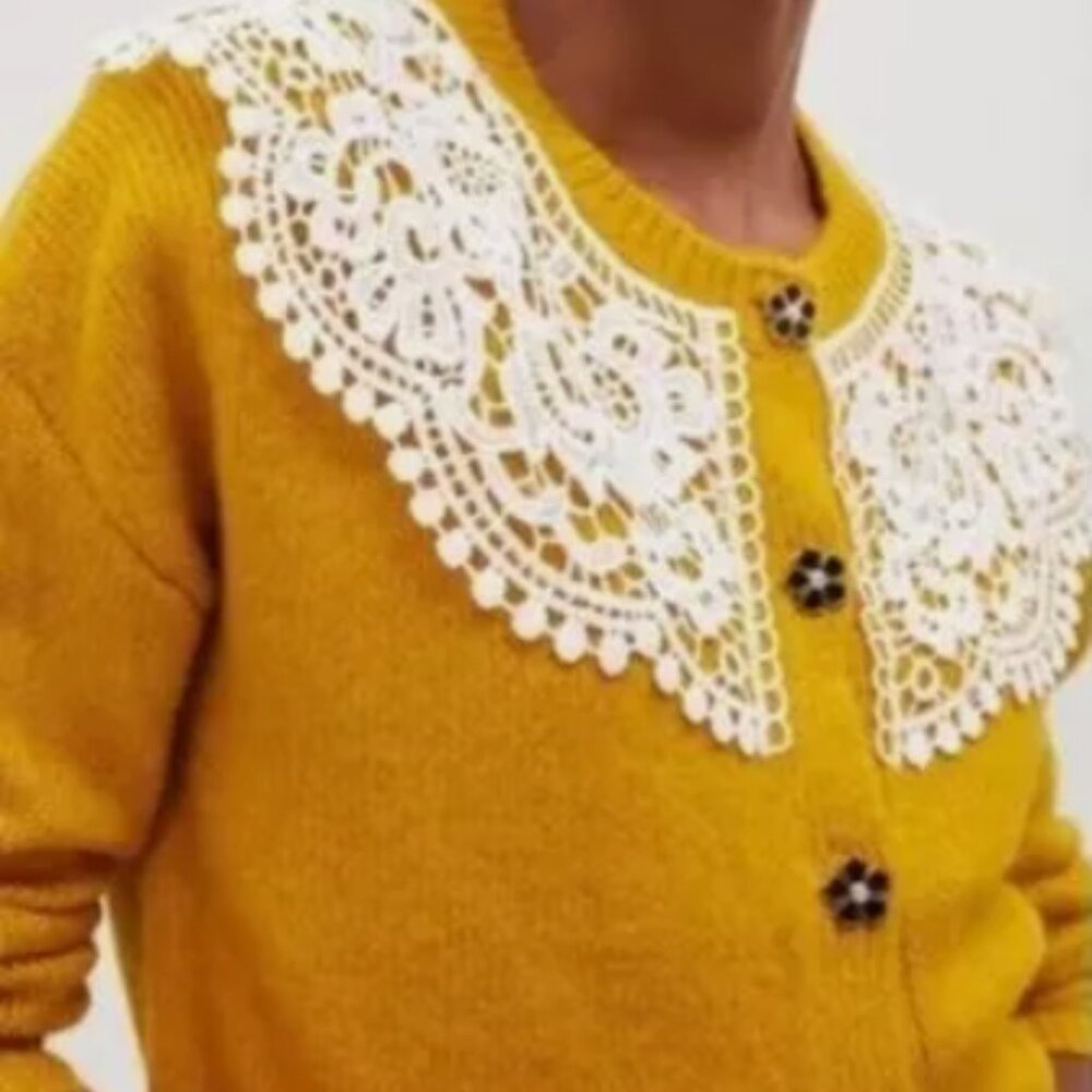 MAEVE by Anthropologie Lace Collar Mustard Cardigan, Size XL